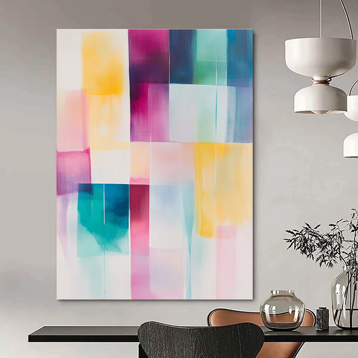 Large abstract painting in soft pastel colors featuring geometric blocks of pink yellow teal and white for a calming artistic touch.STSC804