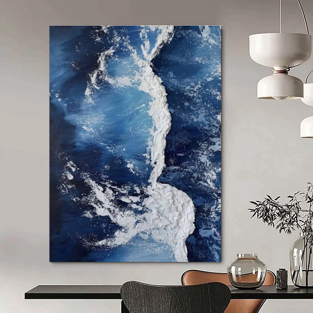 Blue and White Wave Abstract Painting with Thick Textures ADGE335