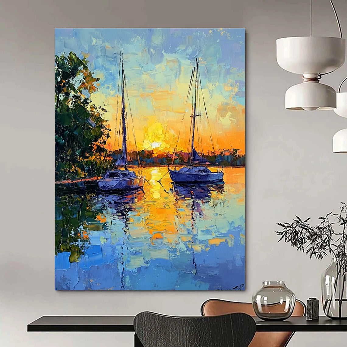 Large Abstract Painting of sailboats at sunset with soft brush strokes and vibrant colors creating tranquility and harmony between nature and human creation.STSC1393