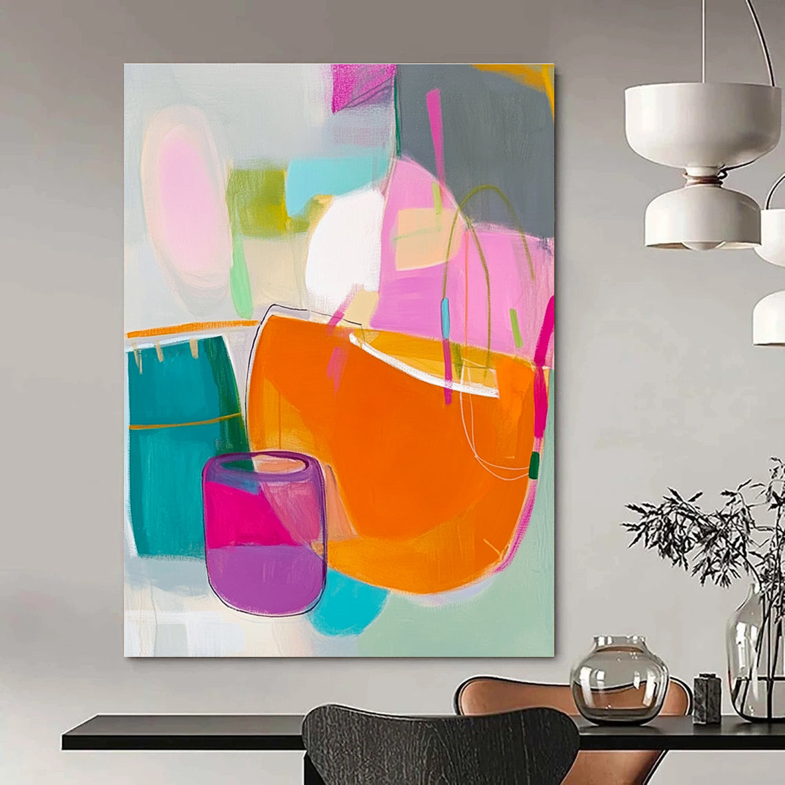 Abstract painting features pink green yellow shapes with an orange handbag blue box and purple jar on a soft gray background.STSC788