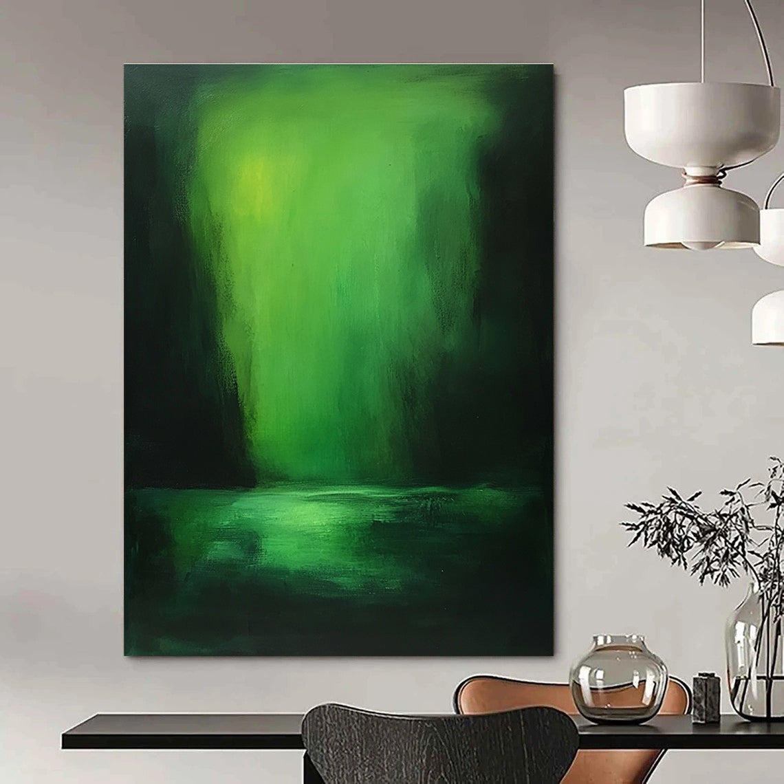 Large abstract painting of a green sea featuring vibrant light and dark colors inspired by Zdzisław Beksiński in oil on canvas.STSC287