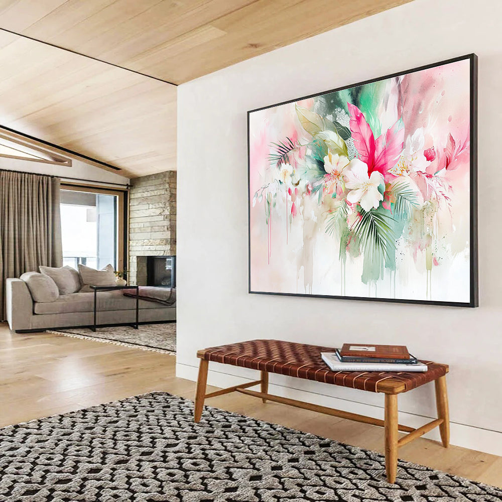 Abstract watercolor painting featuring tropical flowers and leaves with a pink sage green and white background showcasing soft edges and intricate details.SC290