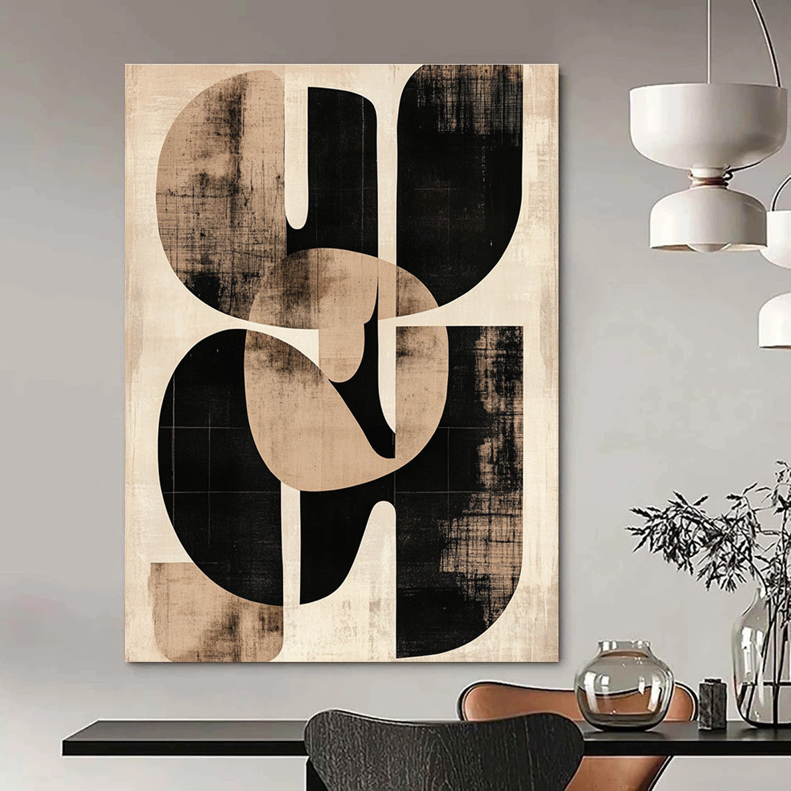 Large abstract artwork featuring beige and black shapes inspired by Paul Klee with sepia tones printed on aged paper showcasing the initials SG.STSC469