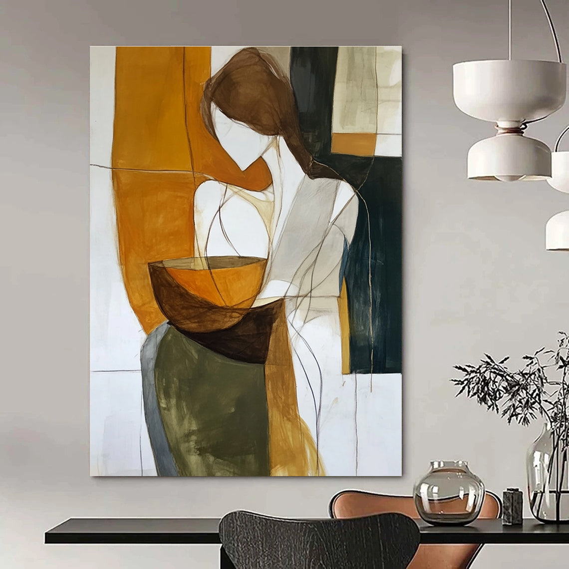 Large abstract painting of an androgynous figure enveloping an earthenware bowl in rich earth tones against a dark white background.STSC299