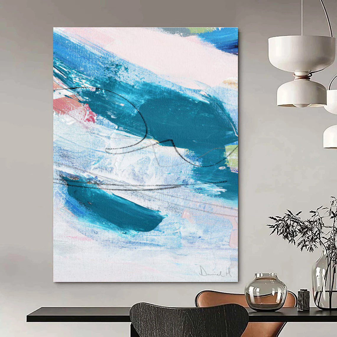 Dynamic Color Swirls in Teal and Pink Abstract Painting ADGE151