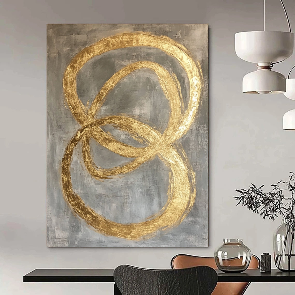 Large abstract painting featuring intertwined O-shapes in gold leaf on a modern grey background.STSC1295