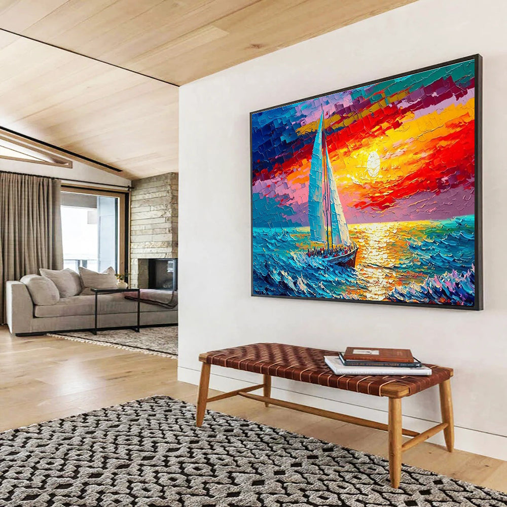 Sunset Sail Abstract Painting with Vivid Sunset Hues THY312
