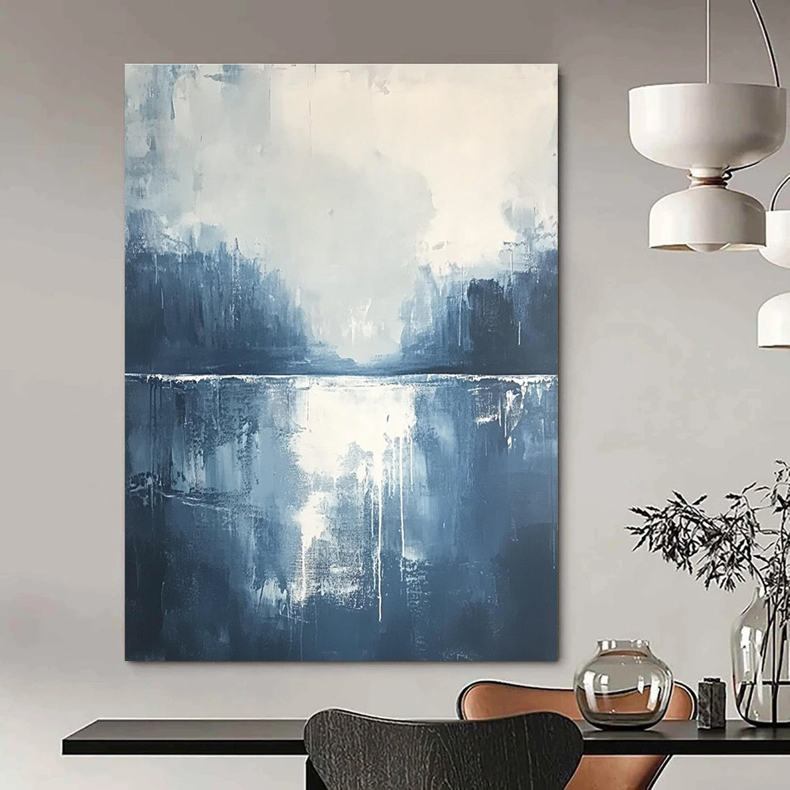 Large abstract painting of misty clouds and water in dark blue and grey with white accents creating an atmospheric and detailed composition.STSC322