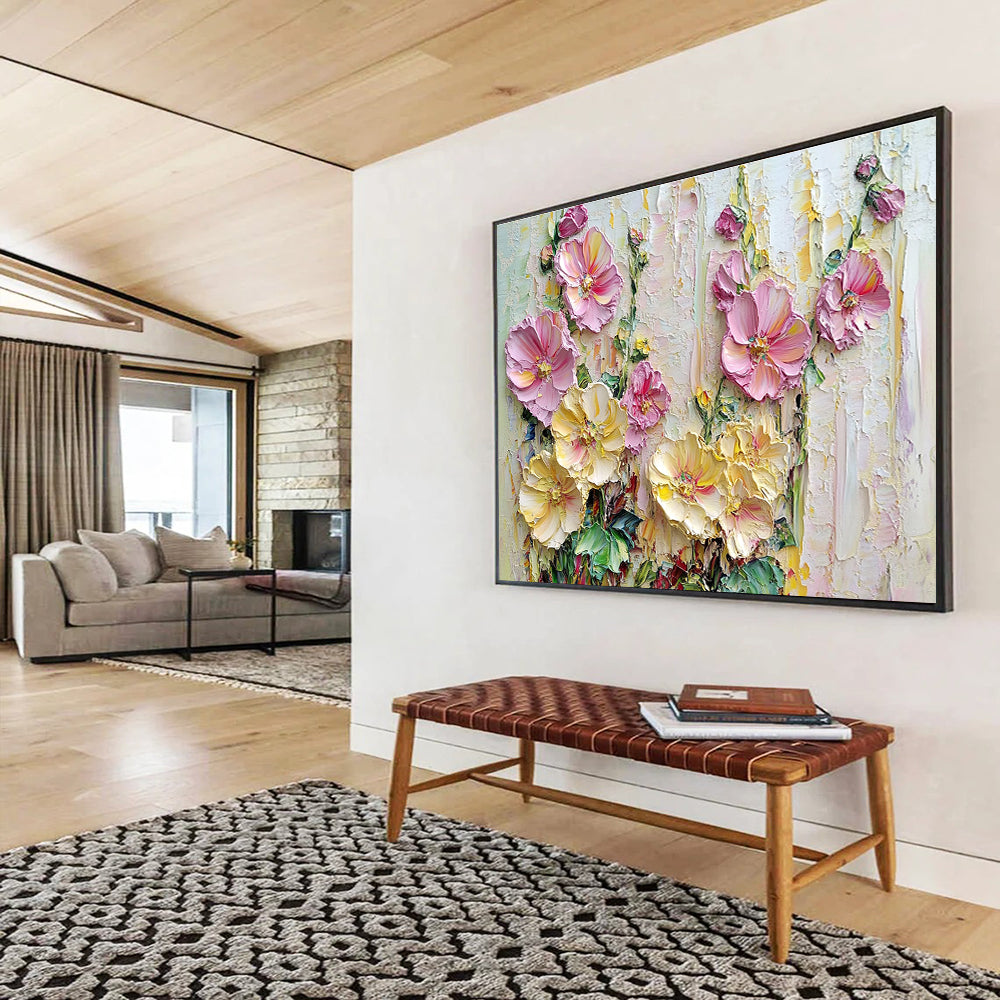 Textured Floral Abstract Painting with Pink and Yellow Hues DYP600
