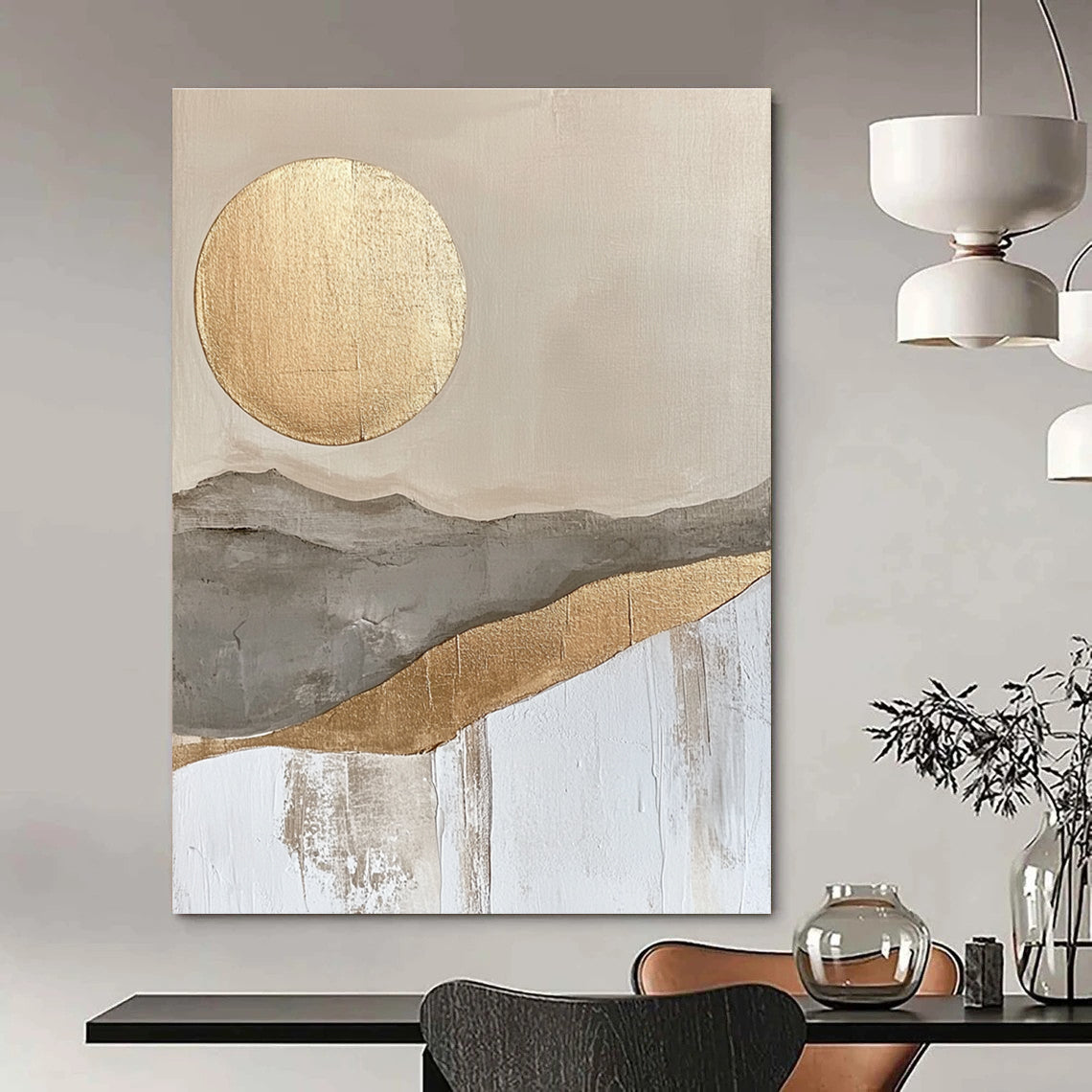 Large abstract painting featuring a golden sun and moon in a soft gray beige and white landscape with textured gold accents.STSC126