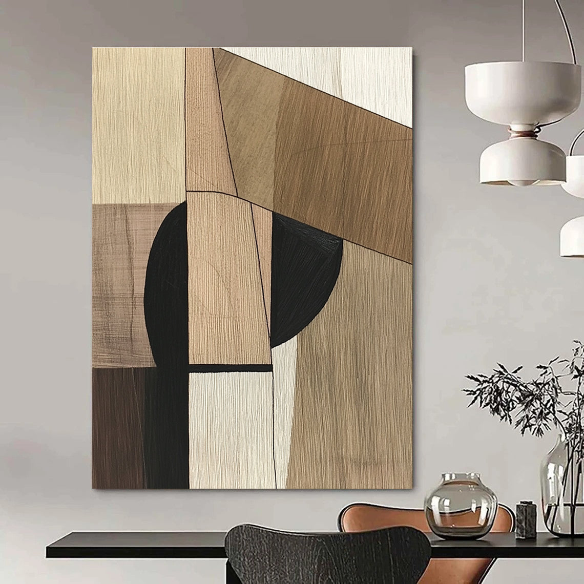 A large abstract painting in Picasso style with wooden textures and a vertical black line on a neutral wood background, symbolizing simplicity and modernity.STSC541