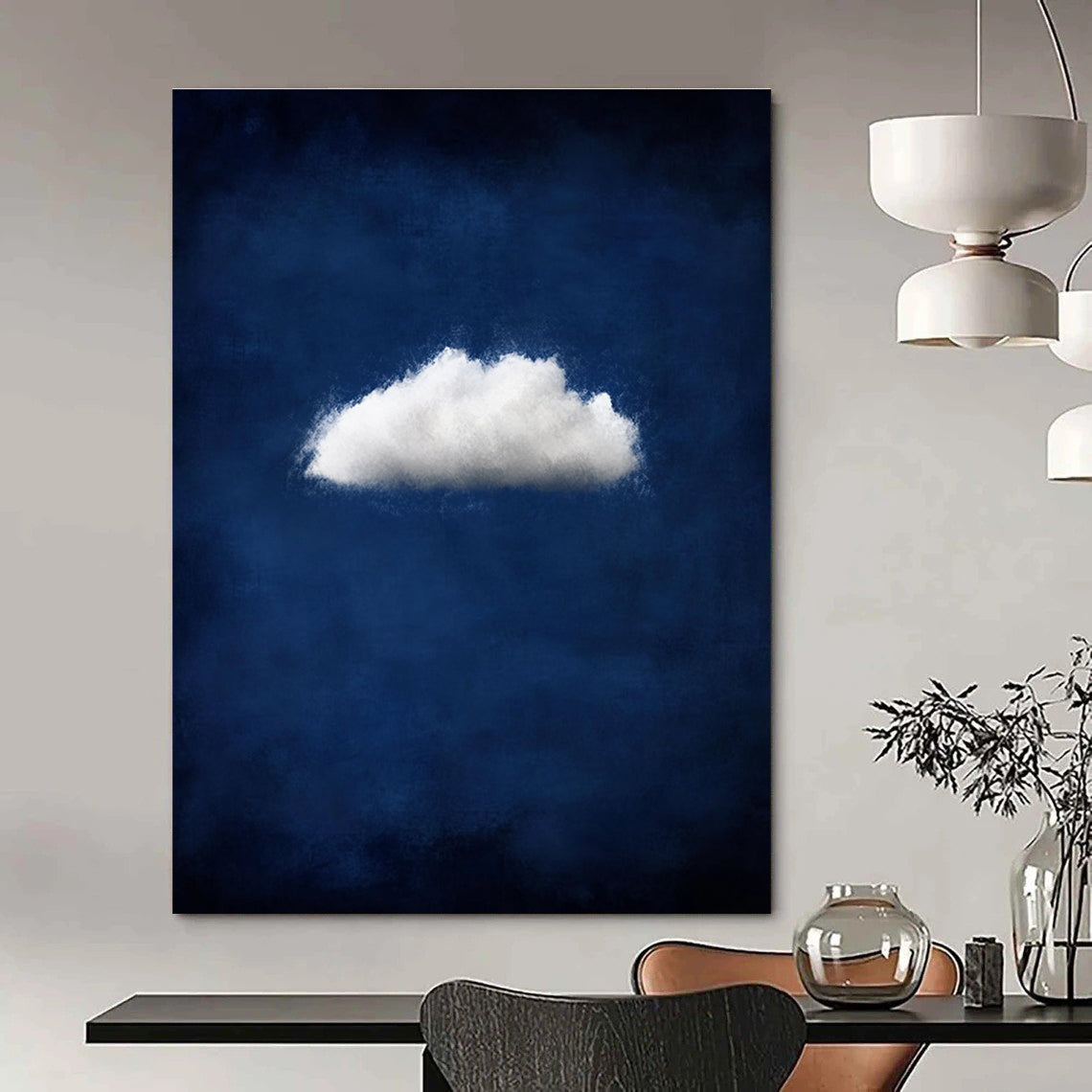Large abstract artwork featuring a small white cloud on a dark blue backdrop creating a moody and atmospheric minimalist design.STSC1404