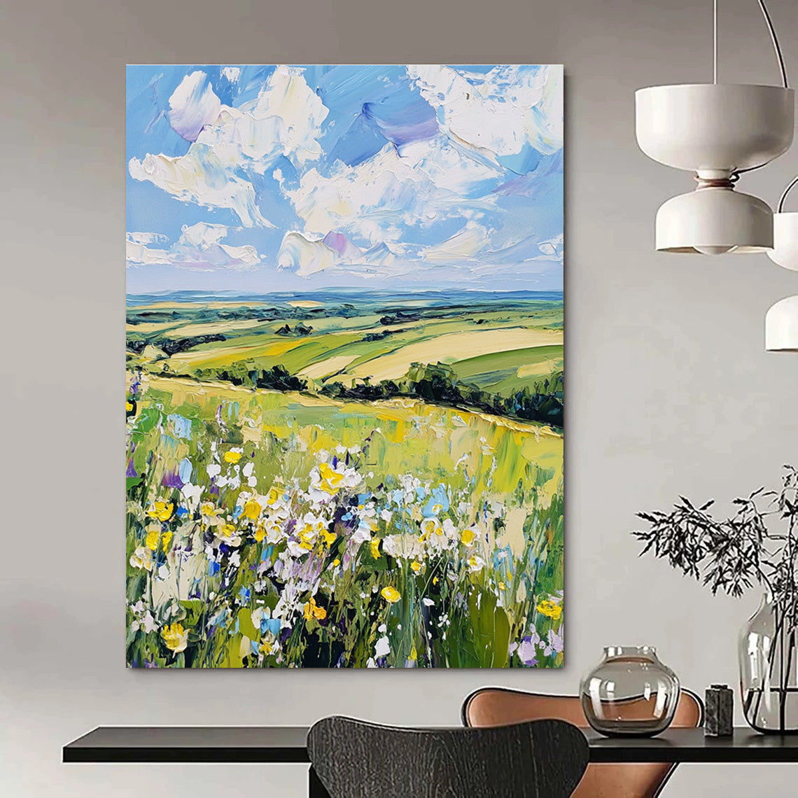 Large abstract painting showcasing a serene English countryside with wildflowers and rolling hills in vibrant colors capturing nature's tranquility.STSC1432