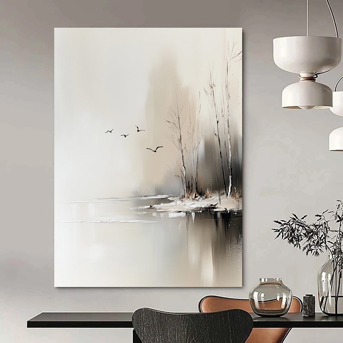 Large abstract painting depicting trees by an icy lake with flying birds, featuring neutral colors and delicate textures in a serene minimalist style.STSC105