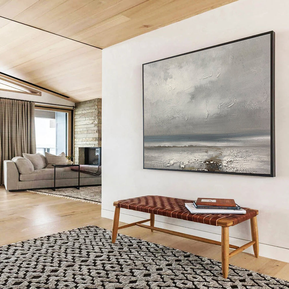 Grey Coastal Landscape Abstract Painting with Textured Layers THY267
