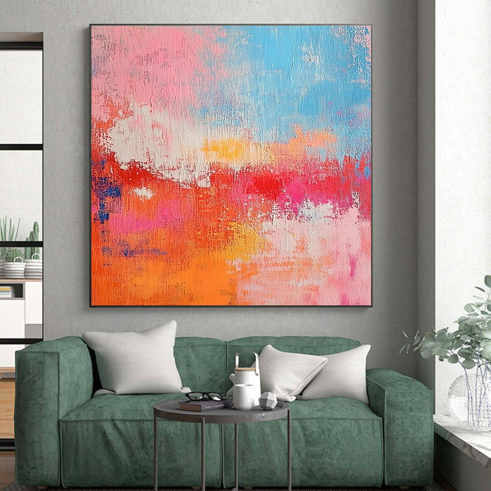 Pink Orange and Blue Abstract Painting with Textured Surfaces GER698