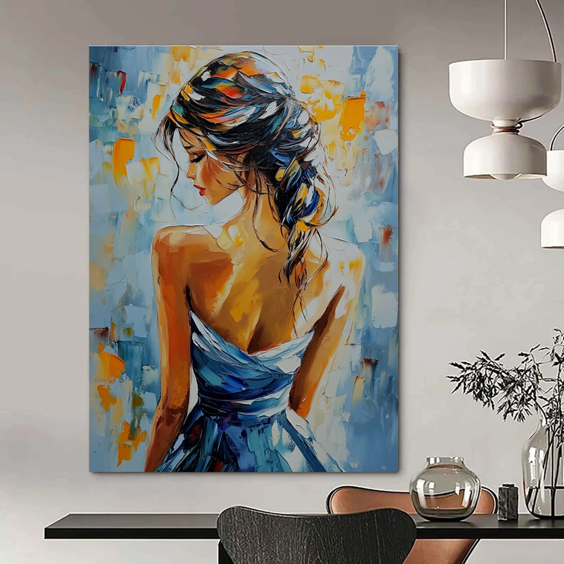 A large abstract painting featuring a woman in an elegant dress with vibrant colors and rich texture, capturing beauty and grace.STSC903
