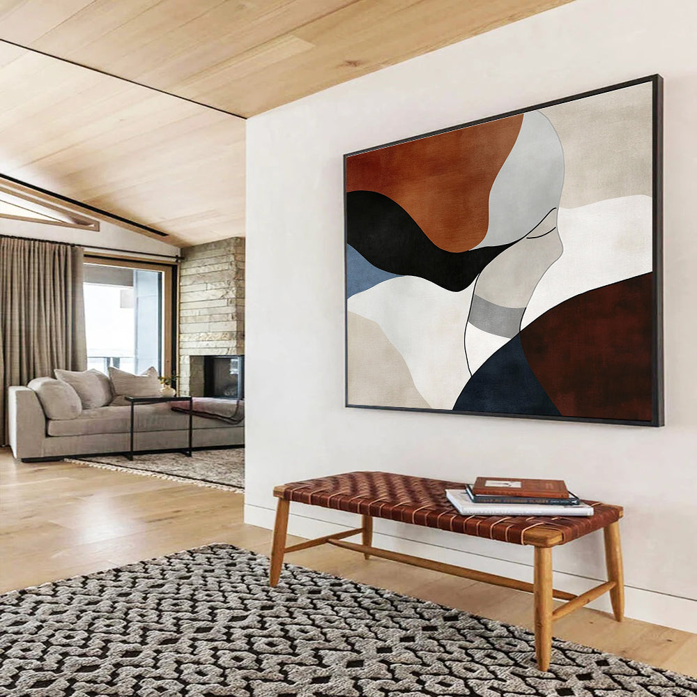 Large abstract art featuring elegant feminine forms in earthy tones, emphasizing organic curves and geometric patterns for a serene modern aesthetic.SC299