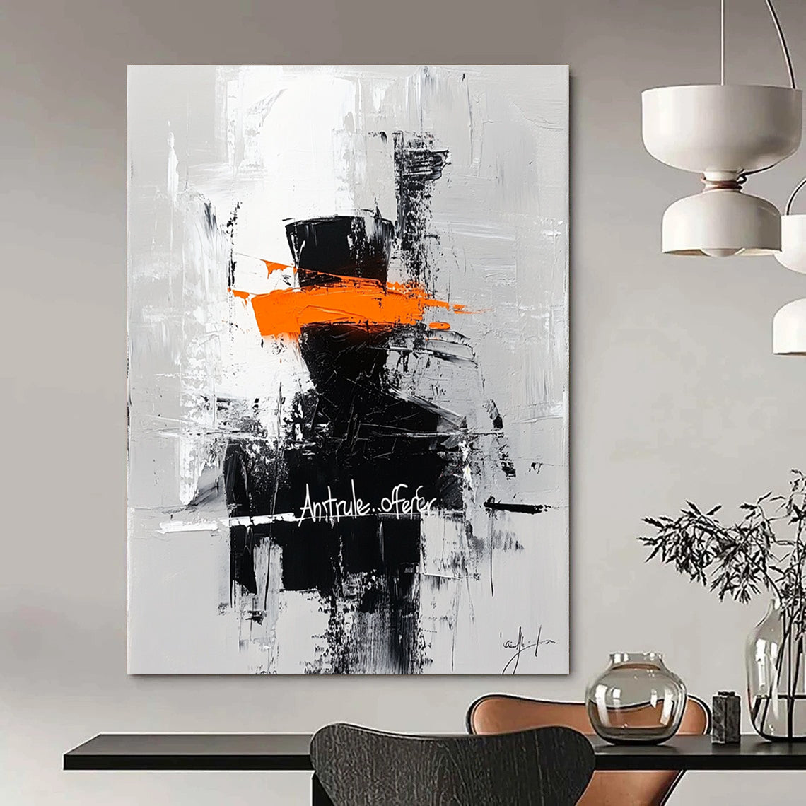 Bold abstract painting featuring a silhouette in an orange top hat with Ant rule.offer graffiti on a contrasting gray brushstroke background.STSC227
