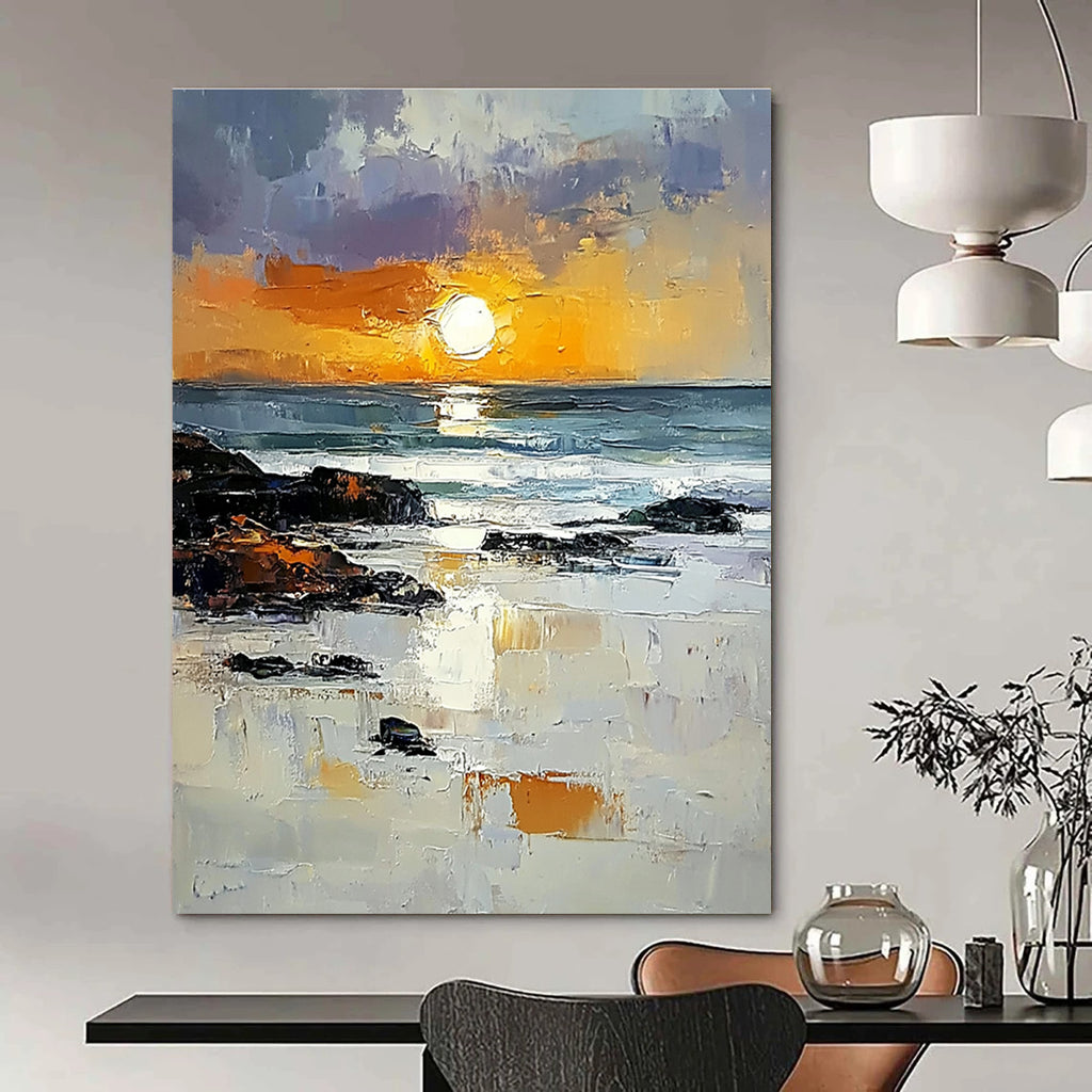 Abstract painting capturing the Irish coast with vibrant orange sunset rocks and reflective water showcasing textured brushstrokes in a bright sky.STSC882