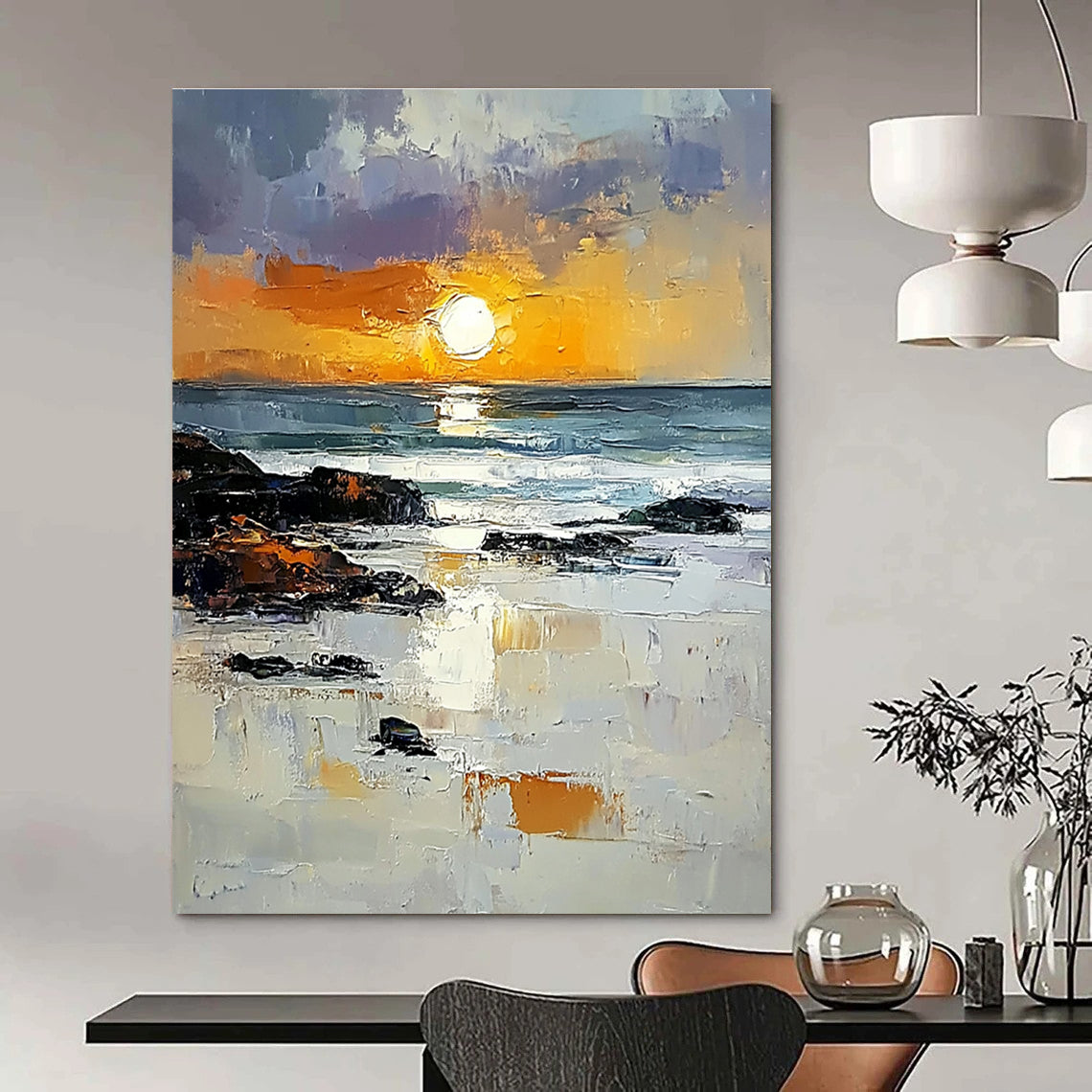 Abstract painting capturing the Irish coast with vibrant orange sunset rocks and reflective water showcasing textured brushstrokes in a bright sky.STSC882