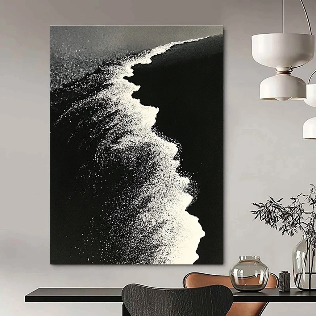 Large abstract painting of ocean waves blending into a white beach with contrasting black sand captured in a dynamic perspective.STSC1430
