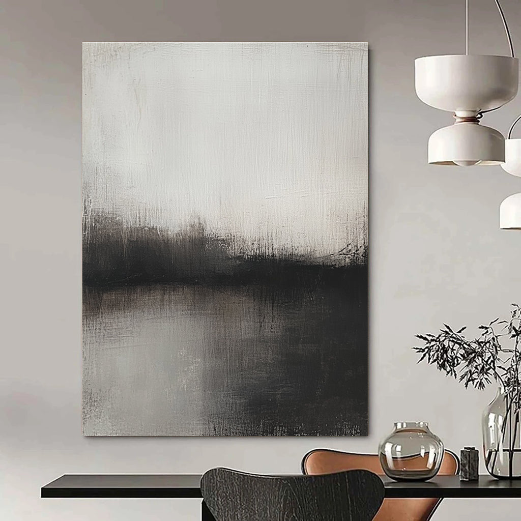 Big abstract painting featuring soft gray and brown tones depicting a blurred landscape at dusk evoking tranquility and serenity.STSC127