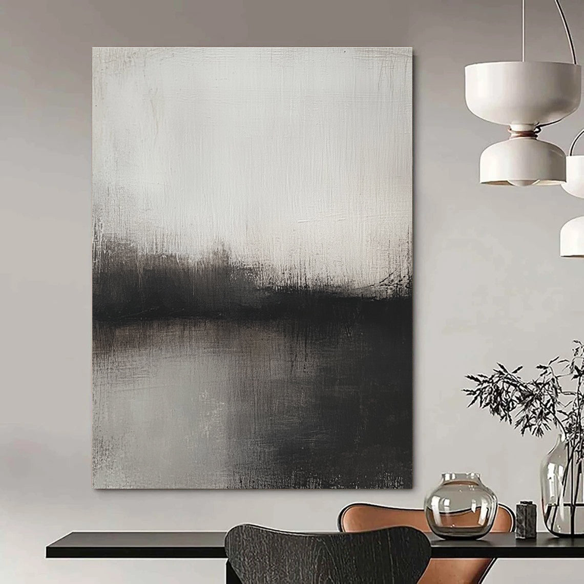 Big abstract painting featuring soft gray and brown tones depicting a blurred landscape at dusk evoking tranquility and serenity.STSC127