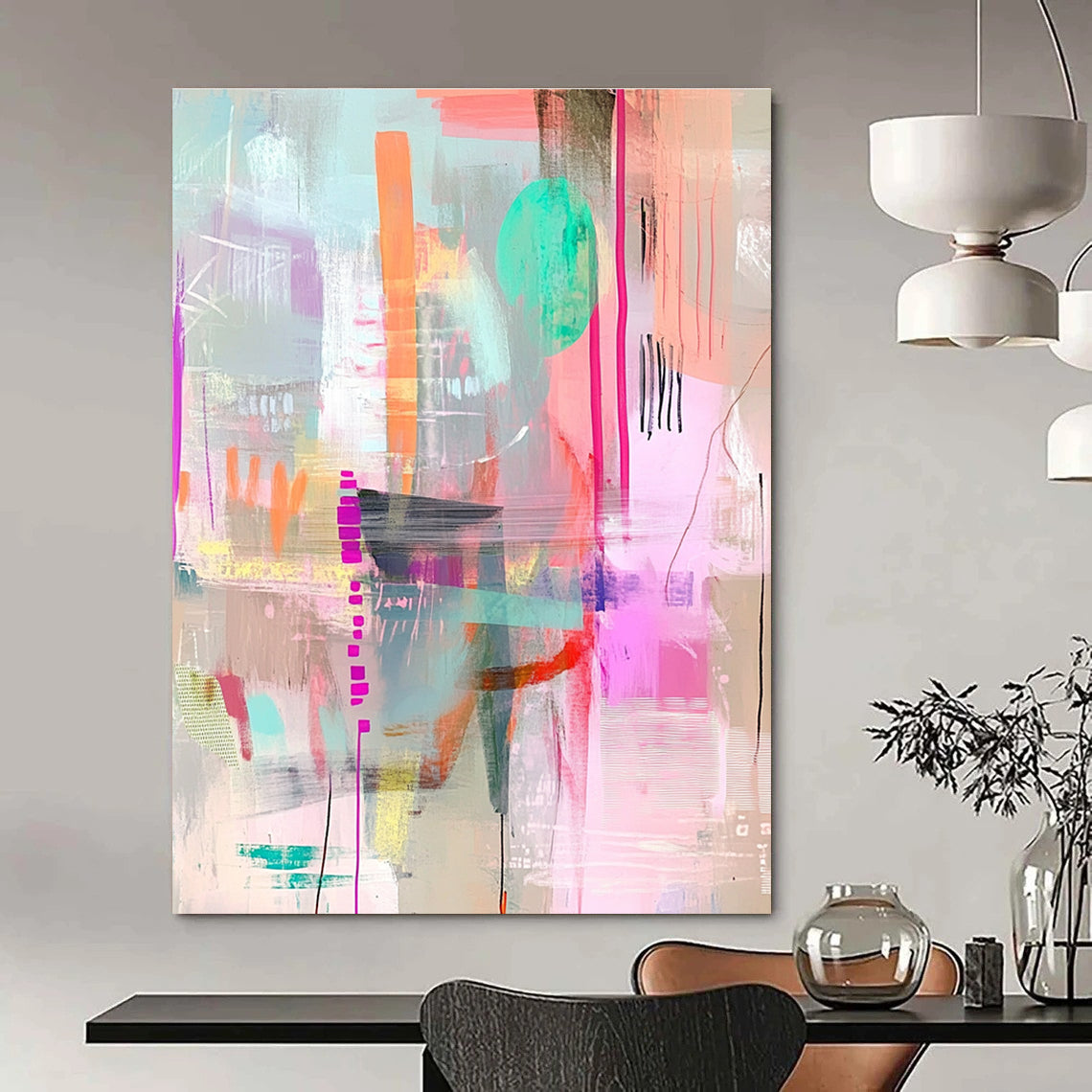 A large abstract painting with pastel colors and textures creating depth and motion featuring soft edges and whimsical patterns in pink green blue and brown.STSC1022