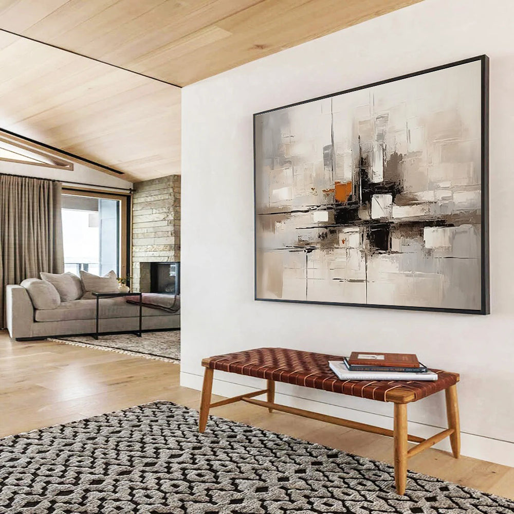 Gray Orange Abstract Painting with Architectural Abstraction THY322
