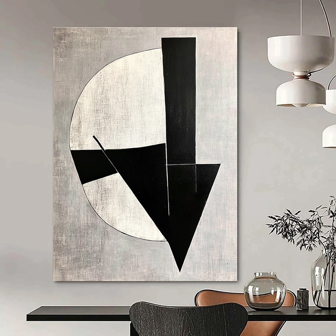 Large abstract painting with black and white shapes on a gray background featuring modernist simplicity and deconstructed minimalism with subtle tonal values.STSC1112