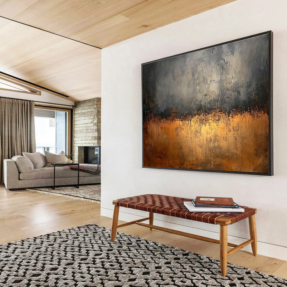 Large abstract painting featuring gray and brown tones with a dark background and golden metal surface highlighting rusty steel elements.SC146