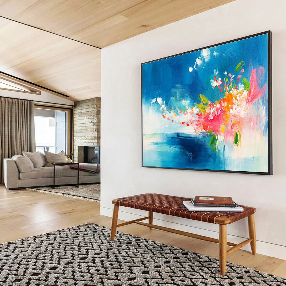 Blue and Pink Abstract Painting with Floral Burst DYP394