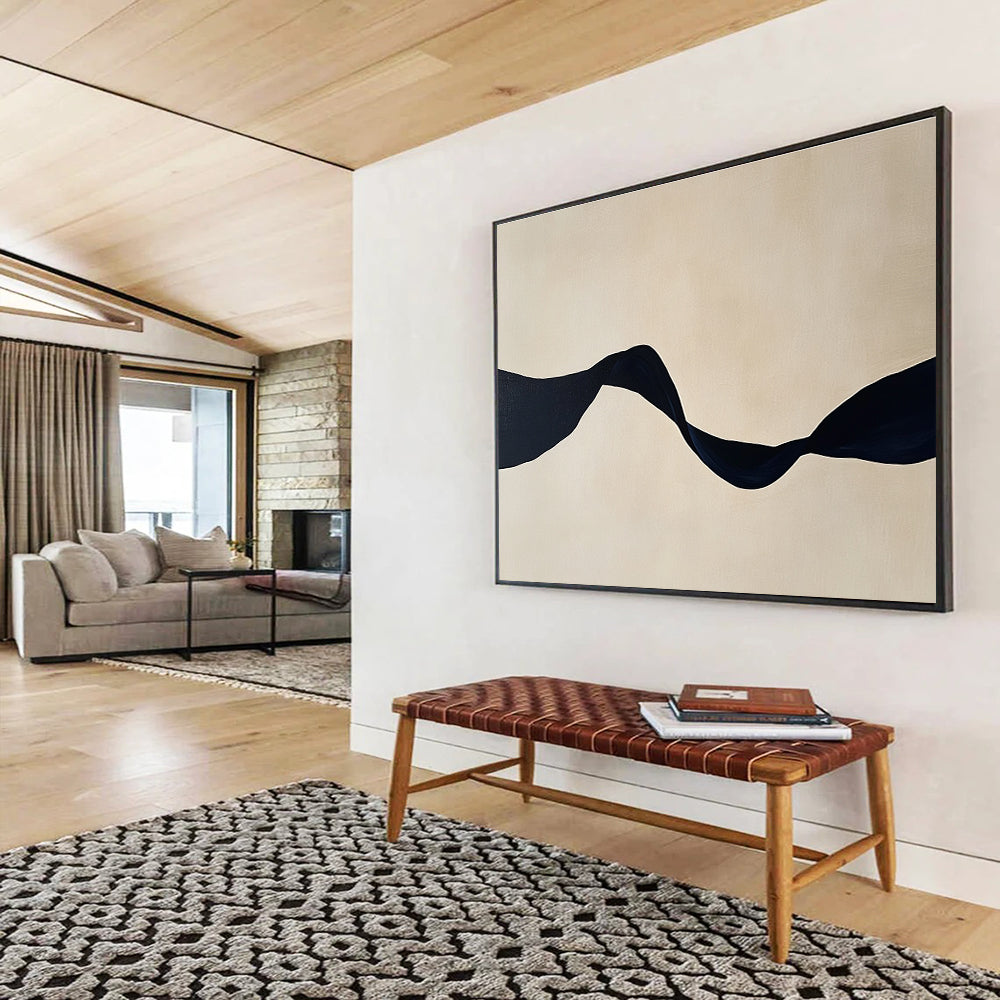 Large abstract painting featuring minimalist black ribbon shapes against a light beige background, embodying tranquility and elegance in any space.SC588