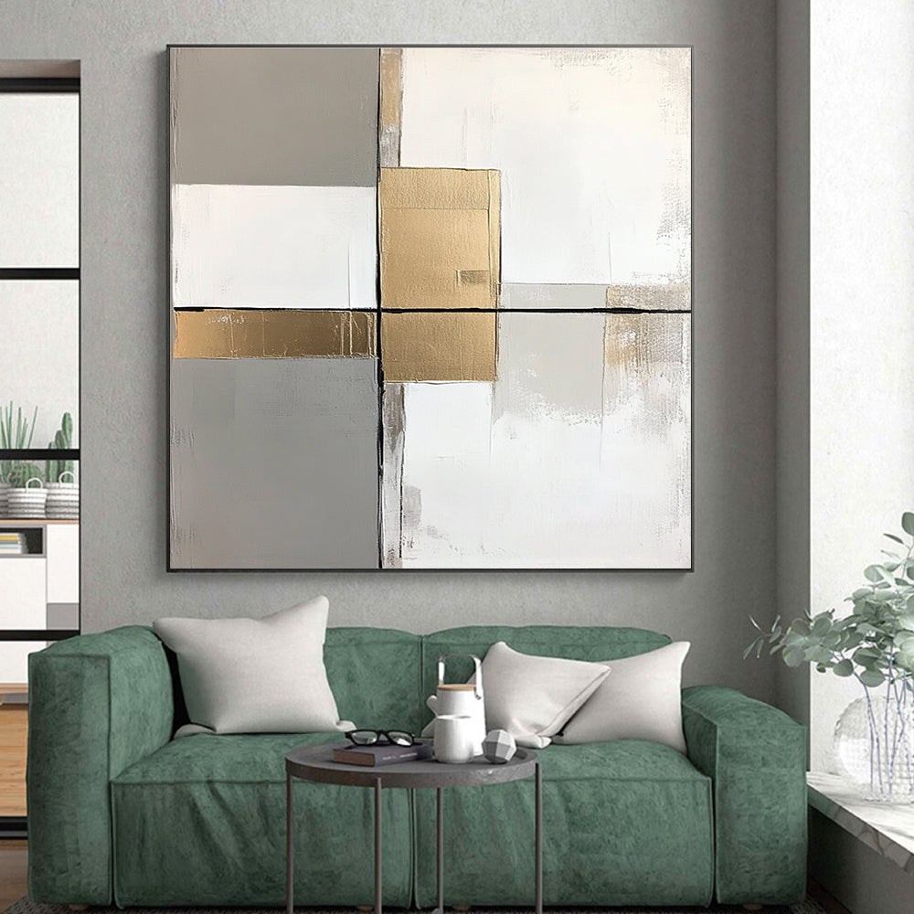 Gray Gold and White Abstract Painting with Minimalist Geometry GER649
