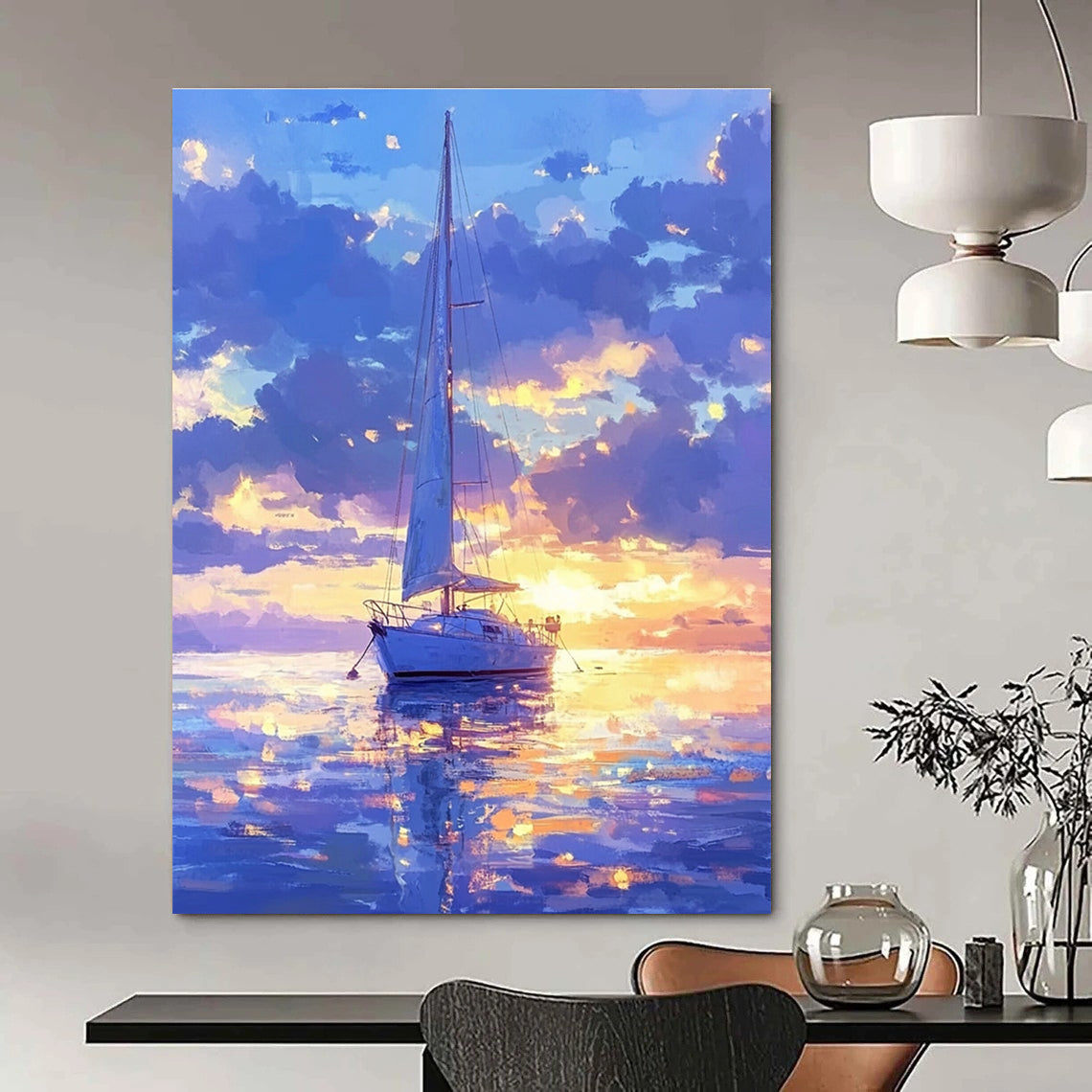 A large abstract painting featuring a sailboat on a dreamy sea under a soft blue sky with glowing water reflections and ethereal colors.STSC1170