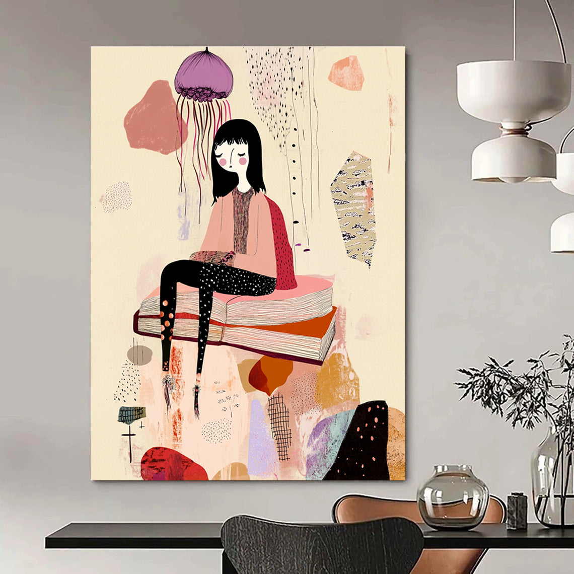 A large abstract artwork featuring a woman on a book amidst whimsical forms with pastel pink and purple hues set against a beige background.STSC1233
