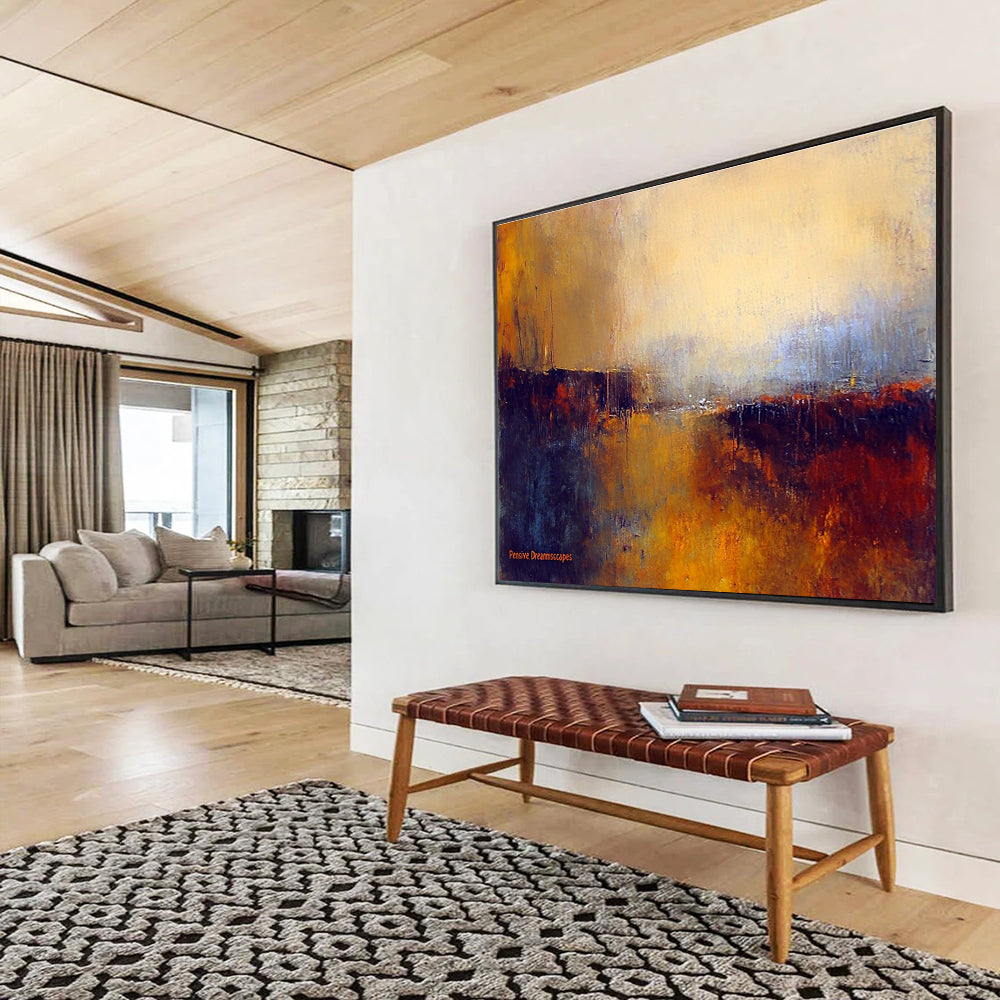 Large abstract painting titled Pensive Dreamscapes featuring blurred landscapes in dark brown and light orange with impressionistic aquarelle style.SC338