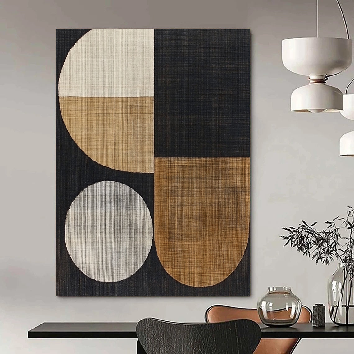 Large abstract artwork featuring abstract shapes, wood grain texture, and a sophisticated black color scheme for a modern aesthetic.STSC933