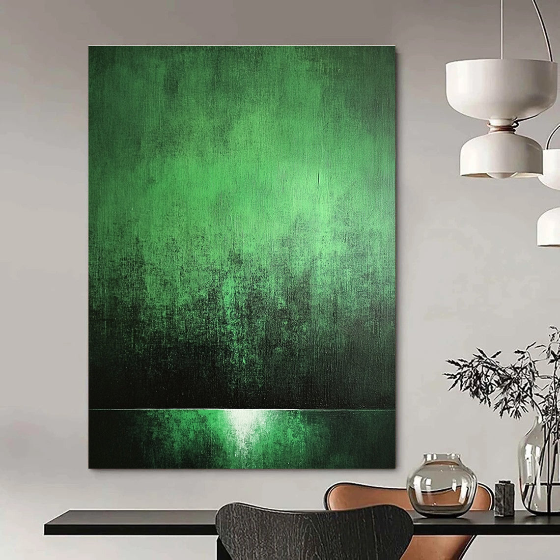 Abstract painting with a green background, soft light, high contrast, and eerie shadows creating a mysterious and textured atmosphere.STSC1007