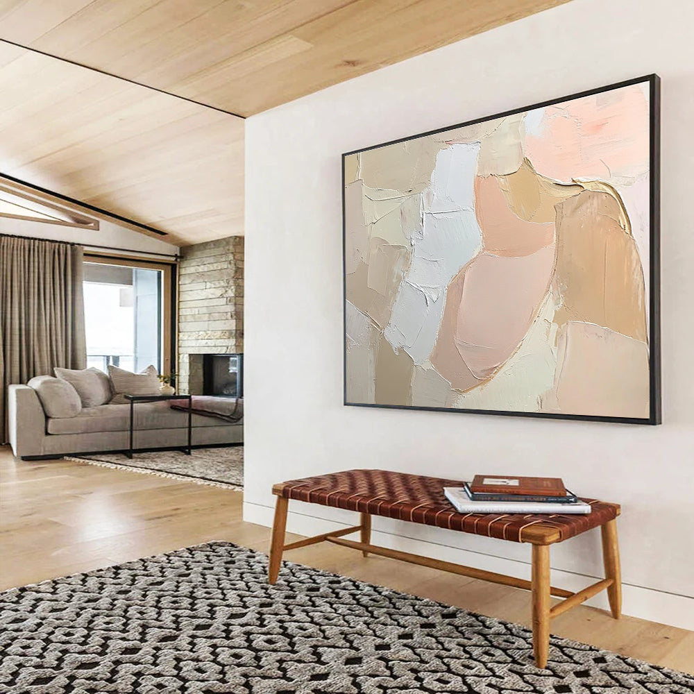 Large abstract painting featuring soft pink tones and textured brush strokes, presenting a free-flowing form of an abstract woman against a neutral background.SC103