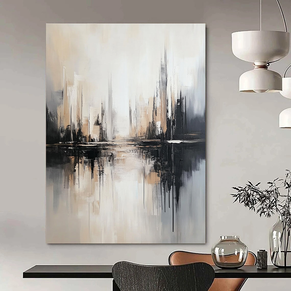 Large abstract artwork on canvas featuring neutral gray and light brown tones with a striking black and white cityscape backdrop.STSC1352
