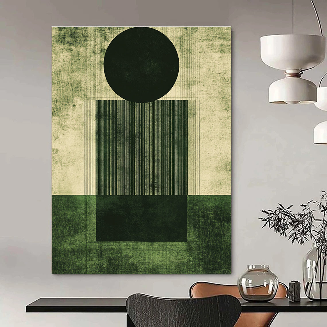 Abstract artwork featuring geometric shapes in deep emerald green and dark gray with a grainy texture and minimalistic design elements.STSC1006