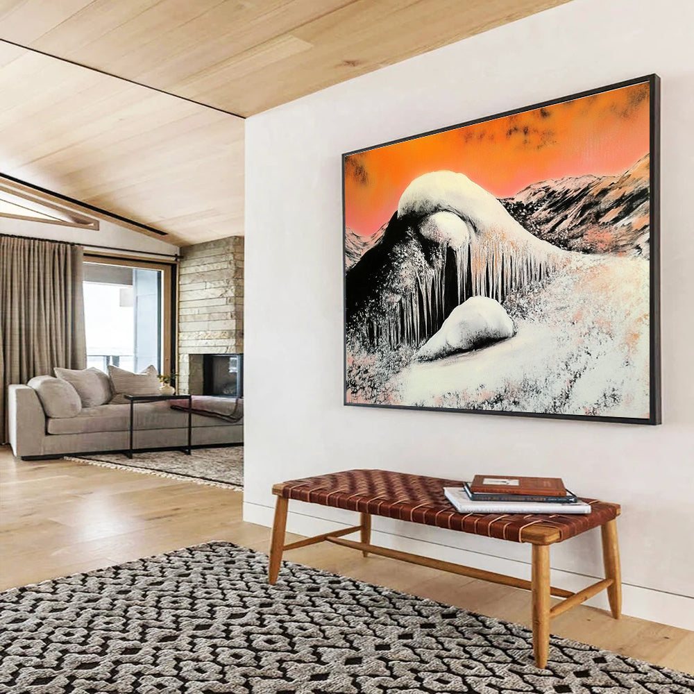 Orange Sky Snowy Mountain Abstract Painting with Icicles DYP160