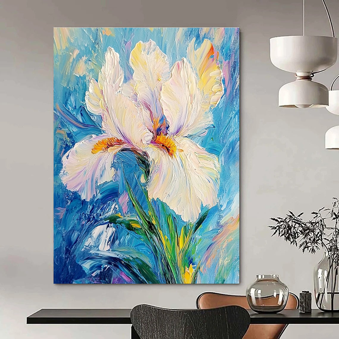 Abstract painting featuring a white iris flower on a blue background with delicate petals vibrant hues and a tranquil elegant composition.STSC1384