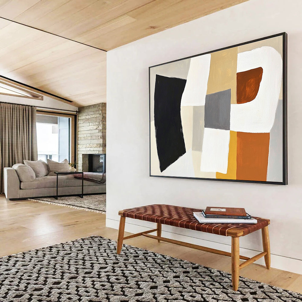 Large abstract painting in white and grey with orange accents featuring soft black shape and beige square in balanced composition.SC513