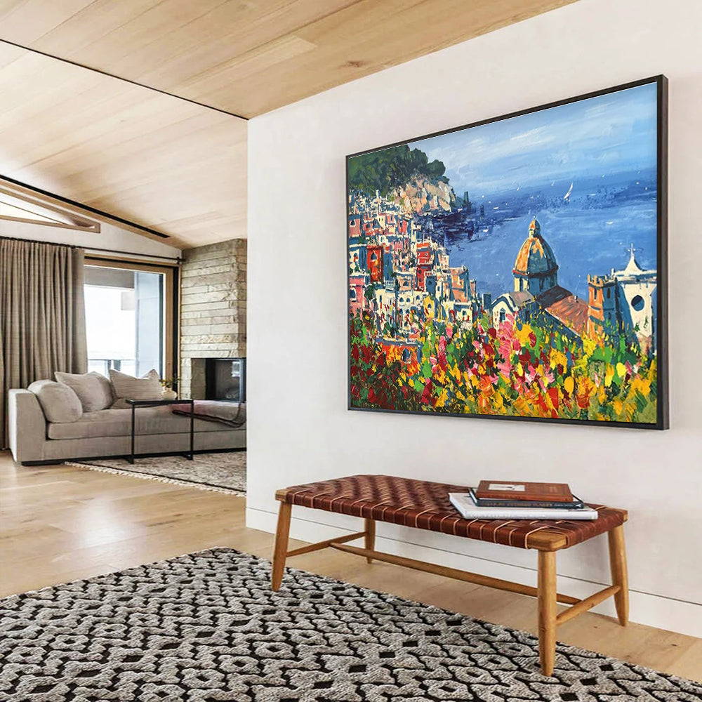 Coastal Town with Flowers Impressionist Painting THY457