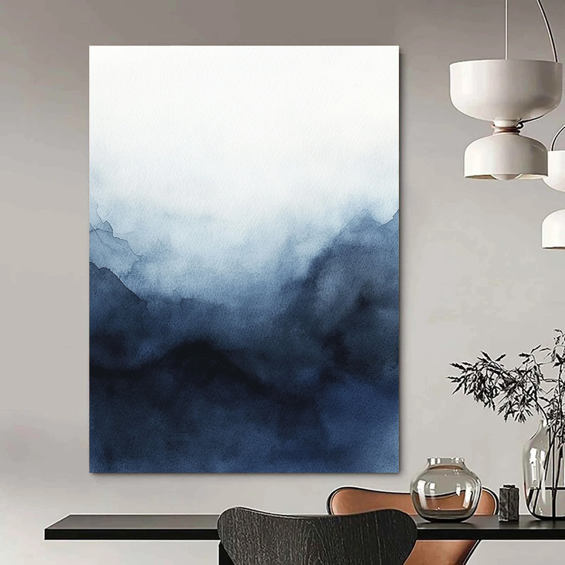 Large abstract watercolor painting of a stormy sky featuring dark blue and gray hues on a white background for striking contrast and minimalist elegance.STSC498