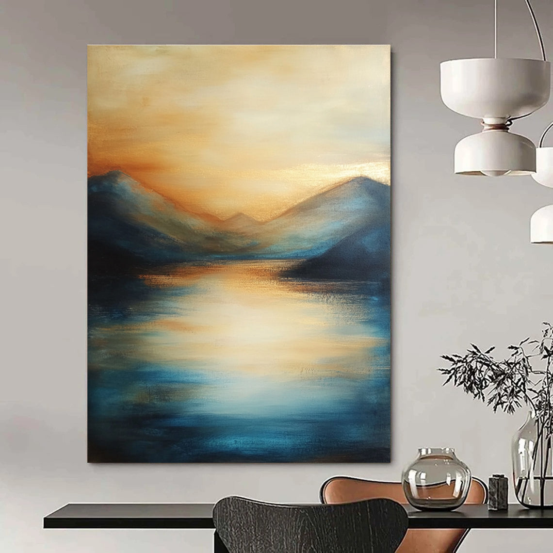 Large abstract painting of the sea featuring soft brush strokes with blue tones and golden accents creating a serene sunset atmosphere.STSC092