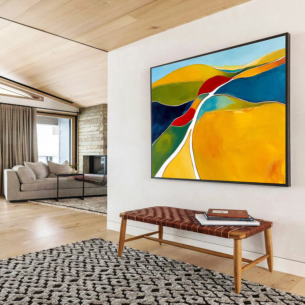 Large abstract painting featuring organic shapes in yellow and green with white lines contrasted against dark blue light red and clear sky blue.SC069